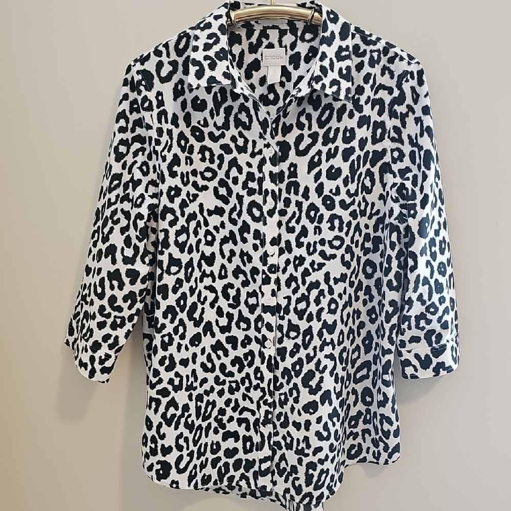 Leopard Print‎ Button-Up Shirt - Black & White Chicos 3 (XL) NO IRON